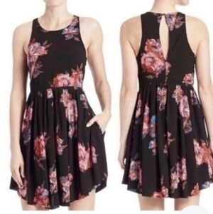 Free People | Boho Black Pink Floral Flutterby Pleated Mini Dress Size 10